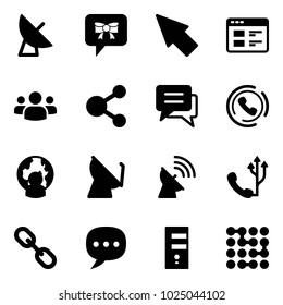 Solid vector icon set - satellite antenna vector, bow message, cursor, website, group, share, chat, phone horn, man globe, link, server, circuit