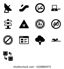 Solid vector icon set - satellite antenna vector, escalator up, no smoking sign, notebook connect, road signpost, airport, limited height, end speed limit, parking, website, upload cloud, swimming