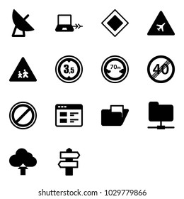 Solid vector icon set - satellite antenna vector, notebook connect, main road sign, airport, children, limited height, distance, end speed limit, no parking, website, folder, network, upload cloud