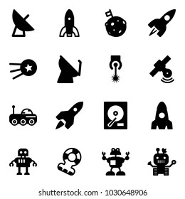 Solid vector icon set - satellite antenna vector, rocket, moon flag, first, laser, rover, hdd, robot, teethers