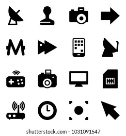 Solid vector icon set - satellite antenna vector, stamp, camera, right arrow, monero, fast forward, mobile, joystick wireless, monitor, sim, wi fi router, clock, record button, cursor
