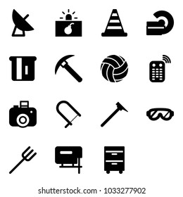 Solid vector icon set - satellite antenna vector, terrorism, road cone, mri, atm, rock axe, volleyball, remote control, camera, fretsaw, mason hammer, protective glasses, farm fork, jig saw