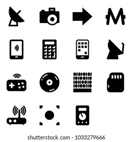 Solid vector icon set - satellite antenna vector, camera, right arrow, monero, mobile payment, calculator, joystick wireless, cd, binary code, micro flash card, wi fi router, record button