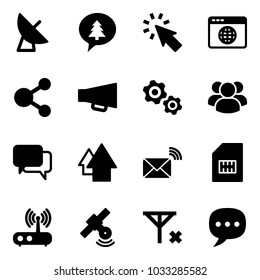 Solid vector icon set - satellite antenna vector, merry christmas message, cursor, browser globe, share, loudspeaker, gears, group, dialog, arrow up, wireless mail, sim, wi fi router, no signal