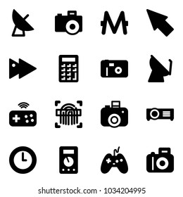 Solid vector icon set - satellite antenna vector, camera, monero, cursor, fast forward, calculator, photo, joystick wireless, fingerprint scanner, projector, clock, multimeter
