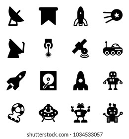 Solid vector icon set - satellite antenna vector, flag, rocket, first, laser, moon rover, hdd, robot, teethers, ufo toy