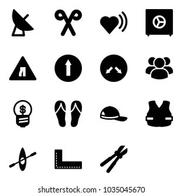 Solid vector icon set - satellite antenna vector, santa stick, heart beat, safe, Road narrows sign, only forward, detour, group, business idea, flip flops, cap, life vest, kayak, corner ruler