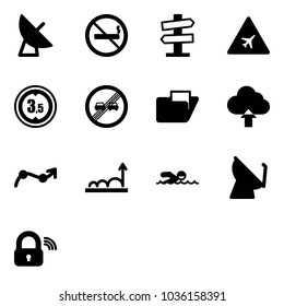 Solid vector icon set - satellite antenna vector, no smoking sign, road signpost, airport, limited height, end overtake limit, folder, upload cloud, chart point arrow, growth, swimming