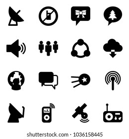 Solid vector icon set - satellite antenna vector, no mobile sign, bow message, merry christmas, volume medium, group, social, download cloud, man globe, dialog, first, music player, radio
