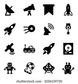 Solid vector icon set - satellite antenna vector, telescope, flag, rocket, first, laser, moon rover, hdd, robot, teethers, ufo toy