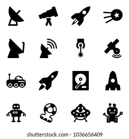 Solid vector icon set - satellite antenna vector, telescope, rocket, first, laser, moon rover, hdd, robot, teethers, ufo toy