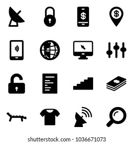 Solid vector icon set - satellite antenna vector, lock, mobile payment, dollar pin, globe, monitor cursor, settings, unlocked, document, stairs, lounger, t shirt, magnifier