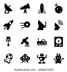 Solid vector icon set - satellite antenna vector, telescope, rocket, moon flag, first, laser, rover, hdd, teethers, ufo toy, robot