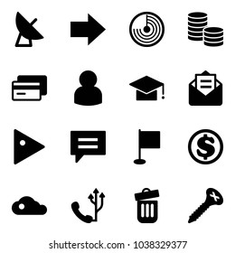 Solid vector icon set - satellite antenna vector, right arrow, radar, coin, credit card, user, graduate hat, opened mail, play, chat, flag, dollar, cloud, phone, trash bin, screw