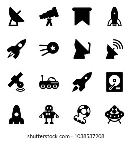 Solid vector icon set - satellite antenna vector, telescope, flag, rocket, first, moon rover, hdd, robot, teethers, ufo toy