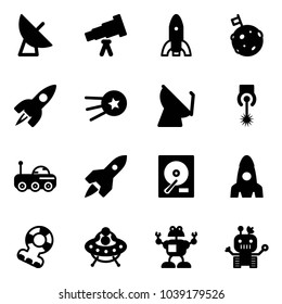 Solid vector icon set - satellite antenna vector, telescope, rocket, moon flag, first, laser, rover, hdd, teethers, ufo toy, robot