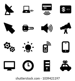 Solid vector icon set - satellite antenna vector, notebook connect, tap pay, credit card, cursor, key, volume max, telescope, gears, bulb, mobile phone, monitor, clock, server, car toy