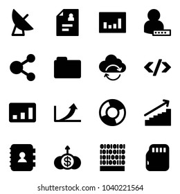 Solid vector icon set - satellite antenna vector, patient card, statistics, user password, share, folder, refresh cloud, tag code, growth arrow, circle chart, contact book, dollar, binary