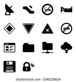 Solid vector icon set - satellite antenna vector, escalator down, no smoking sign, hotel, main road, giving way, airport, end overtake limit, website, folder, network, upload cloud, save