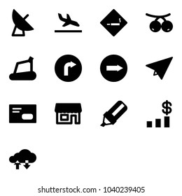 Solid vector icon set - satellite antenna vector, arrival, smoking area sign, rowanberry, treadmill, only right road, paper plane, envelope, store, highlight marker, dollar chart