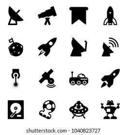Solid vector icon set - satellite antenna vector, telescope, flag, rocket, moon, laser, rover, hdd, teethers, ufo toy, robot