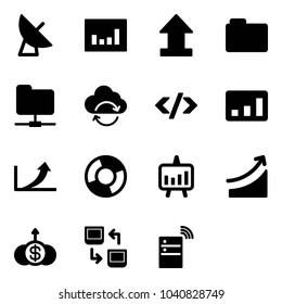 Solid vector icon set - satellite antenna vector, statistics, uplooad, folder, network, refresh cloud, tag code, growth arrow, circle chart, presentation, rise, dollar, data exchange