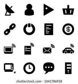 Solid vector icon set - satellite antenna vector, user, play, basket, link, standby, document, dollar, notebook wi fi, server wireless, mail, car, monoblock pc, clock, chat