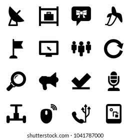 Solid vector icon set - satellite antenna vector, baggage room, bow message, banana, flag, monitor cursor, group, reload, magnifier, megaphone, check, microphone, gyroscope, mouse wireless, phone