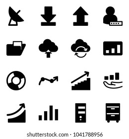 Solid vector icon set - satellite antenna vector, download, uplooad, user password, folder, upload cloud, refresh, statistics, circle chart, point arrow, growth, rise, server, tool cabinet