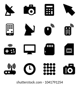 Solid vector icon set - satellite antenna vector, camera, calculator, cursor, mobile, mouse wireless, remote control, joystick, monitor, micro flash card, sim, wi fi router, clock, circuit