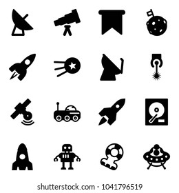 Solid vector icon set - satellite antenna vector, telescope, flag, moon, rocket, first, laser, rover, hdd, robot, teethers, ufo toy