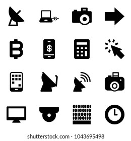 Solid vector icon set - satellite antenna vector, notebook connect, camera, right arrow, bitcoin, mobile payment, calculator, cursor, monitor, surveillance, binary code, clock