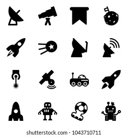 Solid vector icon set - satellite antenna vector, telescope, flag, moon, rocket, first, laser, rover, robot, teethers