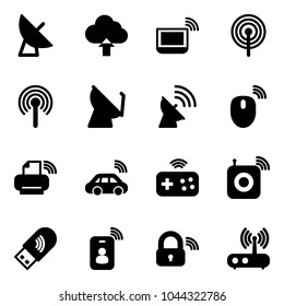 Solid vector icon set - satellite antenna vector, upload cloud, notebook wi fi, mouse wireless, printer, car, joystick, speaker, usb, identity card, lock, router