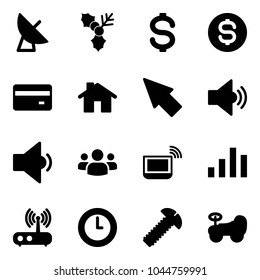 Solid vector icon set - satellite antenna vector, holly, dollar, coin, credit card, home, cursor, volume medium, low, group, notebook wi fi, chart, router, clock, screw, baby car