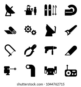 Solid vector icon set - satellite antenna vector, passport control, ski, mri, mat, gear, saw, fretsaw, side cutters, drill machine, work knife, laser lever, allen key, sharpening, radio