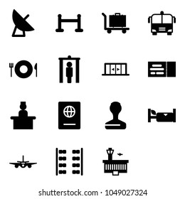 Solid vector icon set - satellite antenna vector, vip zone, baggage, airport bus, plate spoon fork, metal detector gate, automatic doors, ticket, recieptionist, passport, stamp, hotel, plane, seats