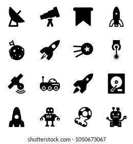 Solid vector icon set - satellite antenna vector, telescope, flag, rocket, moon, first, laser, rover, hdd, robot, teethers