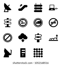 Solid vector icon set - satellite antenna vector, escalator up, sign post, notebook connect, road signpost, limited height, no truck, end overtake limit, parking, download cloud, growth, server