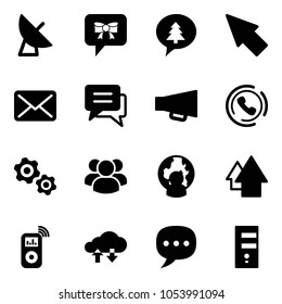 Solid vector icon set - satellite antenna vector, bow message, merry christmas, cursor, mail, chat, loudspeaker, phone horn, gears, group, man globe, arrow up, music player, cloud exchange data
