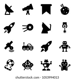 Solid vector icon set - satellite antenna vector, telescope, flag, moon, rocket, first, laser, rover, robot, teethers, ufo toy