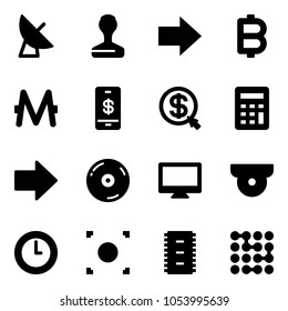 Solid vector icon set - satellite antenna vector, stamp, right arrow, bitcoin, monero, mobile payment, money click, calculator, cd, monitor, surveillance camera, clock, record button, chip, circuit