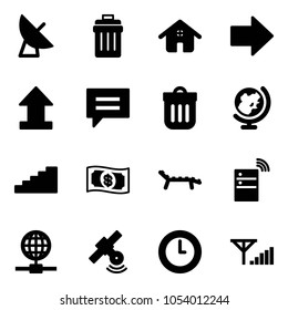 Solid vector icon set - satellite antenna vector, trash bin, home, right arrow, uplooad, chat, globe, stairs, money, lounger, server wireless, clock, fine signal