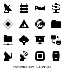 Solid vector icon set - satellite antenna vector, sign post, hotel, road signpost, main, children, no truck, folder, network, upload cloud, presentation board, data exchange, cpu, chip