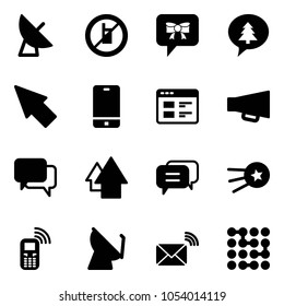 Solid vector icon set - satellite antenna vector, no mobile sign, bow message, merry christmas, cursor, phone, website, loudspeaker, dialog, arrow up, first, wireless mail, circuit
