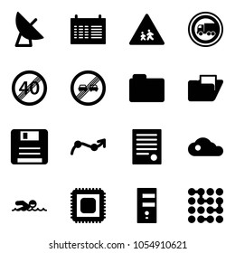 Solid vector icon set - satellite antenna vector, schedule, children road sign, no truck, end speed limit, overtake, folder, save, chart point arrow, agreement, cloud, swimming, cpu, server, circuit