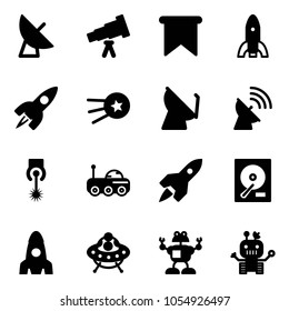 Solid vector icon set - satellite antenna vector, telescope, flag, rocket, first, laser, moon rover, hdd, ufo toy, robot