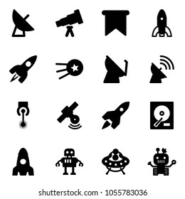 Solid vector icon set - satellite antenna vector, telescope, flag, rocket, first, laser, hdd, robot, ufo toy