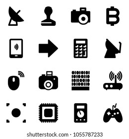 Solid vector icon set - satellite antenna vector, stamp, camera, bitcoin, mobile payment, right arrow, calculator, mouse wireless, binary code, wi fi router, record button, cpu, multimeter, joystick