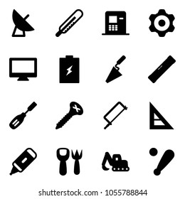 Solid vector icon set - satellite antenna vector, thermometer, atm, gear, monitor, battery, trowel, level, chisel, screw, metal hacksaw, corner ruler, marker, shovel fork toy, excavator